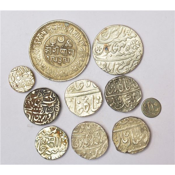 Large Lot: A group of 10 silver coins, includes 7x Princely states, 1x Maratha and 2x Presidency.