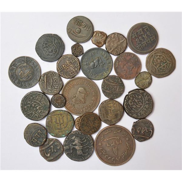 Large Lot: A group of 28 assorted Indian copper coins of various types, includes mostly states
