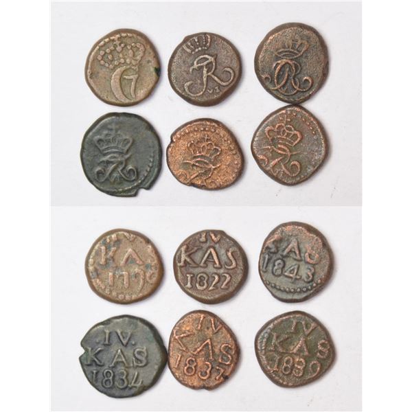 Large Lot: A group of 6 Indo-Danish copper 4 cash, includes 1x Christian VII,