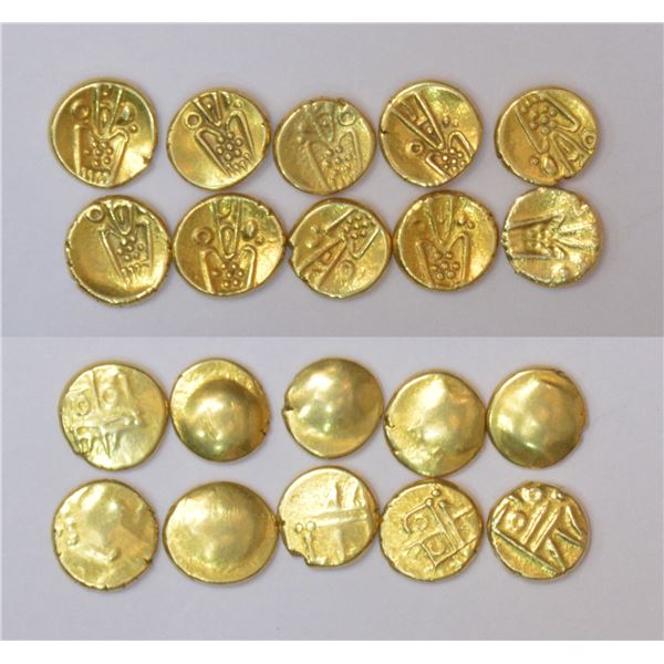 Large Lot: A group of 10 Indo-Dutch uniface gold fanams, with the figure of Goddess Kali. (10 coins)