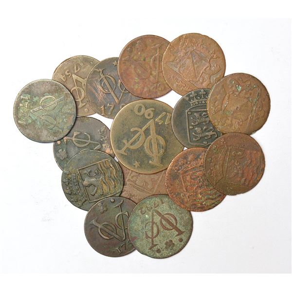 Large Lot: A group of 15 copper coins, Netherland East Indies (modern day Indonesia), VOC types,