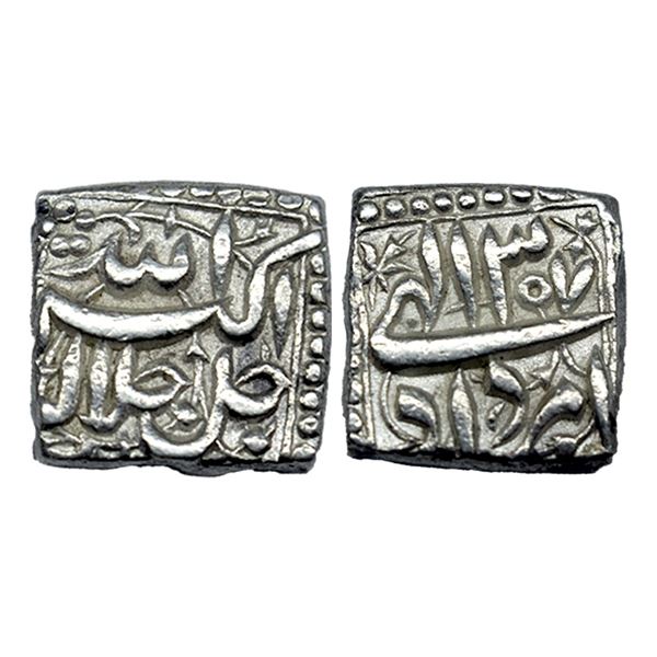 Akbar, Silver Square Rupee, mint-less type, Amardad 37, 11.36gms, (KM 90.1).