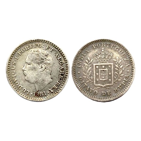 Indo-Portuguese, Luis (1861-1889 AD), Silver 1/8 Rupia, 1.47Grms, Goa issue, AD 1881.