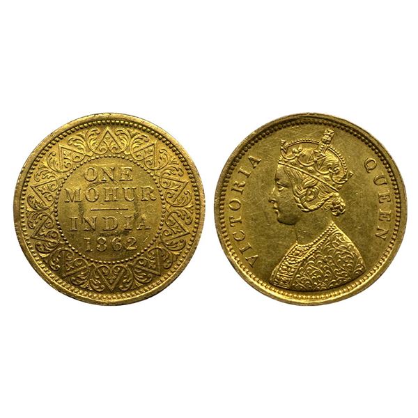 Victoria Queen, Gold Mohur, 1862, Calcutta mint, single flower in bottom panel of Jabot, tiny V in r