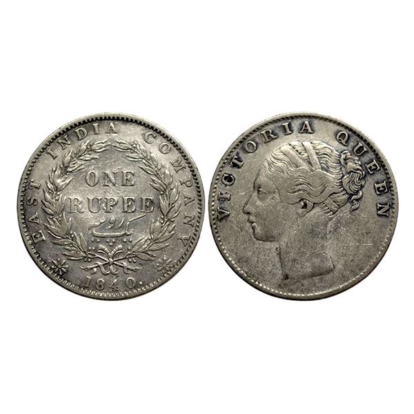 Victoria Queen, Silver Rupee, 1840, Continuous Legend, Indian Head, 35 berries,