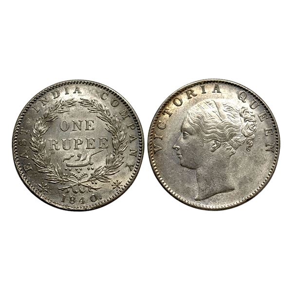Victoria Queen, Silver Rupee, 1840, Continuous Legend, English Head, 35 berries,