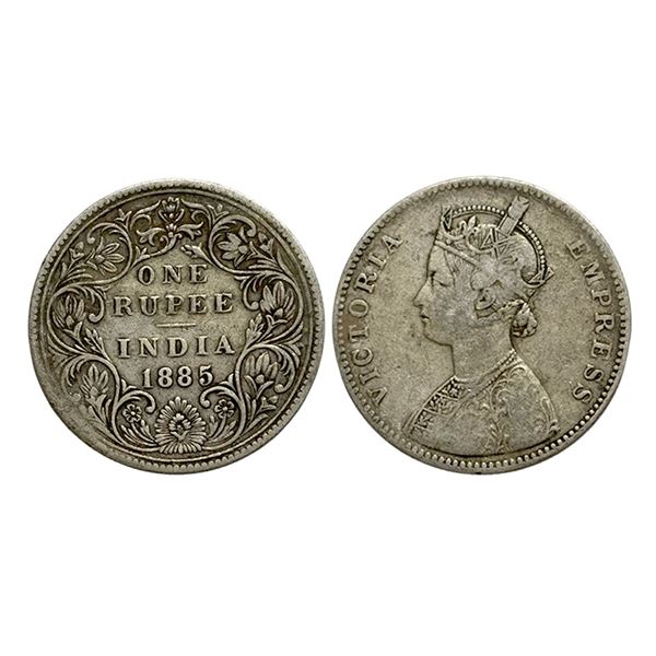 Victoria Empress, Silver Rupee, 1885, top and bottom b raised, Bombay Mint,