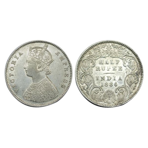 Victoria Empress, silver Â½ rupee, 1886, Calcutta mint, A/I/C incused, PR 270.