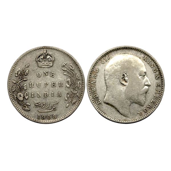 Edward VII, SIlver Rupee, 1908, 8 over 7, Bombay Mint,