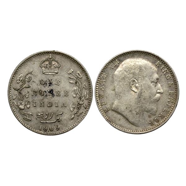 Edward VII, SIlver Rupee, 1909, 9 over 8, Bombay Mint,