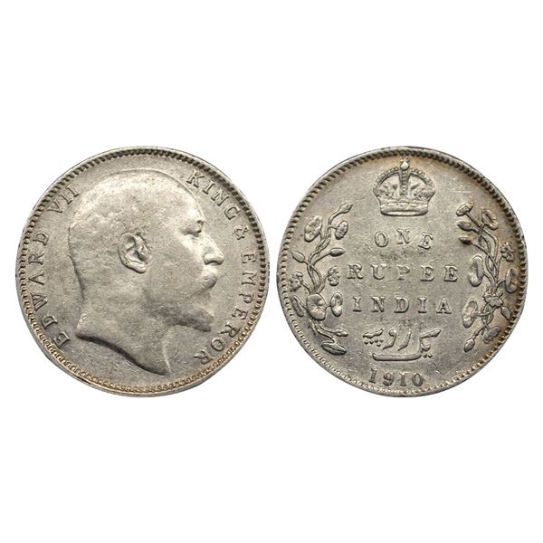 British India, Edward VII, 1910 AD, Silver Rupee, Calcutta Mint,