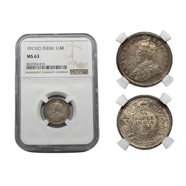 George V, Silver 1/4 Rupee, 1911, Calcutta Mint, Rare Date, Graded MS63 by NGC,
