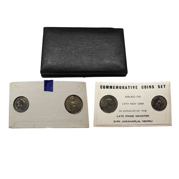 1964, Jawaharlal Nehru, proof set of 2 coins, 1 rupee and 50 paise (English), Bombay mint, RB 8.