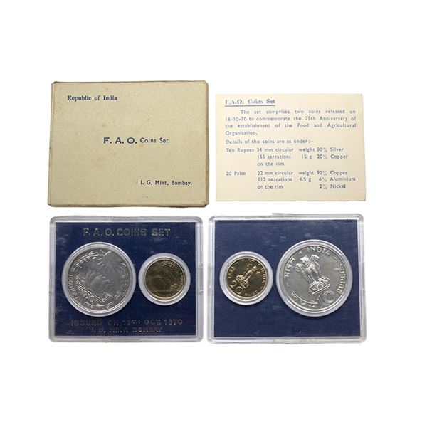 1970, Food For All, UNC set of 2 coins, 10 rupees and 20 paise, Bombay mint, RB 24