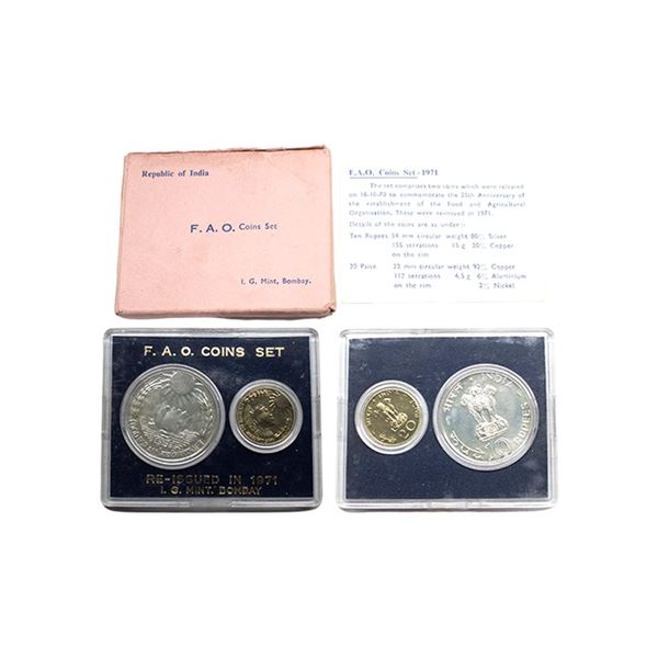 1971, Food for All, UNC set of 2 coins, 10 rupees and 20 paise, Bombay mint, RB 29.