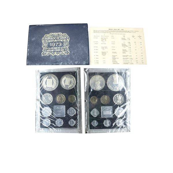 1973, Grow More Food, Proof set of 10 coins, 20 rupees, 10 rupees, 1 rupee, 50 paise, 25 paise, 10 p