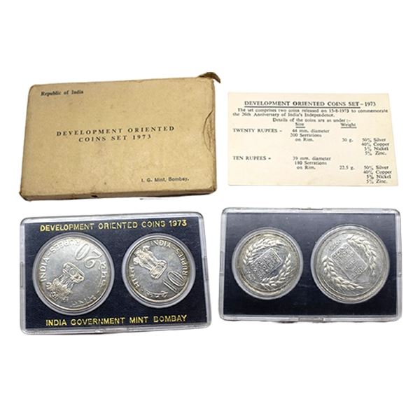 1973, Grow More Food, UNC set of 2 coins, 20 rupees and 10 rupees, Bombay mint, RB 38.