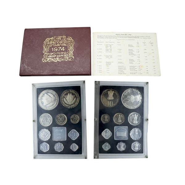 1974, Planned Families - Food for All, Proof set of 10 coins, 50 rupees, 10 rupees, 1 rupee, 50 pais