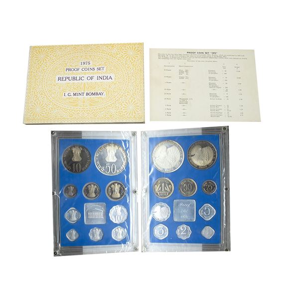 1975 Equality Development Peace, Proof set of 10 coins, 50 rupees, 10 rupees, 1 rupee, 50 paise, 25