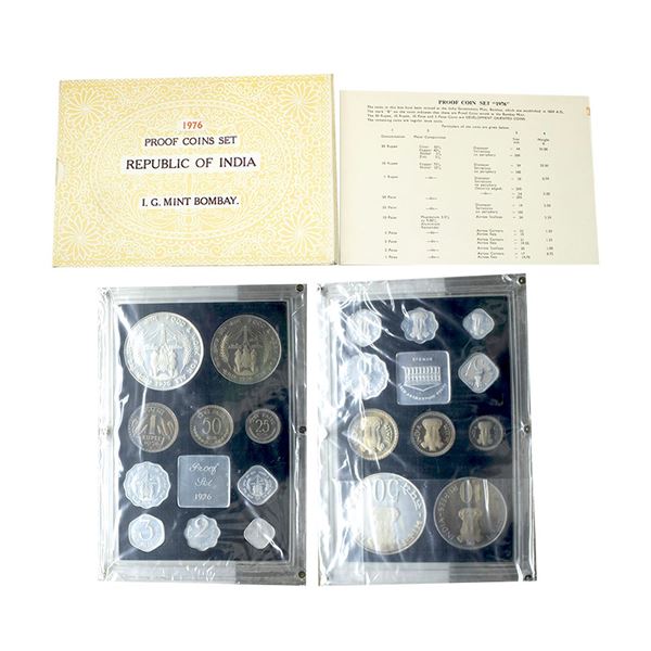 1976, Food & Work For All, Proof set of 10 Coins, 50 Rupees, 10 Rupees, 1 Rupee, 50 Paise, 25 Paise,