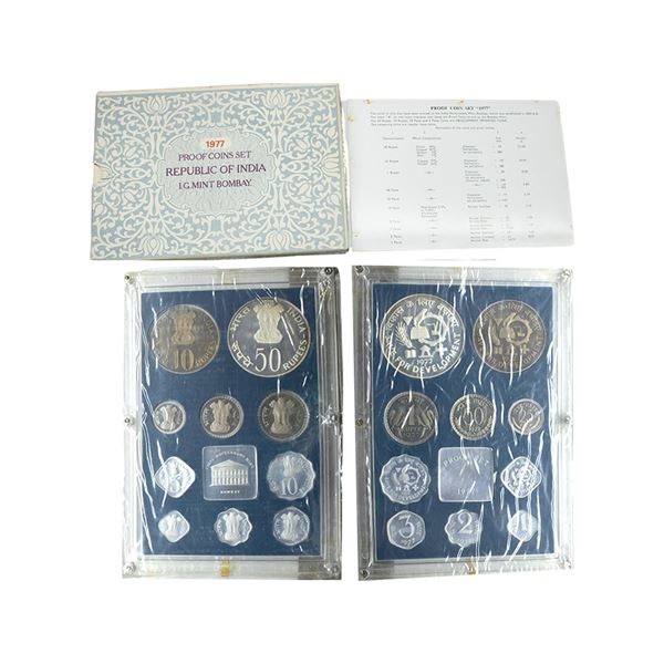 1977, Save For Development, proof set of 10 coins, 50 rupees, 10 rupees, 1 rupee, 50 paise, 25 paise