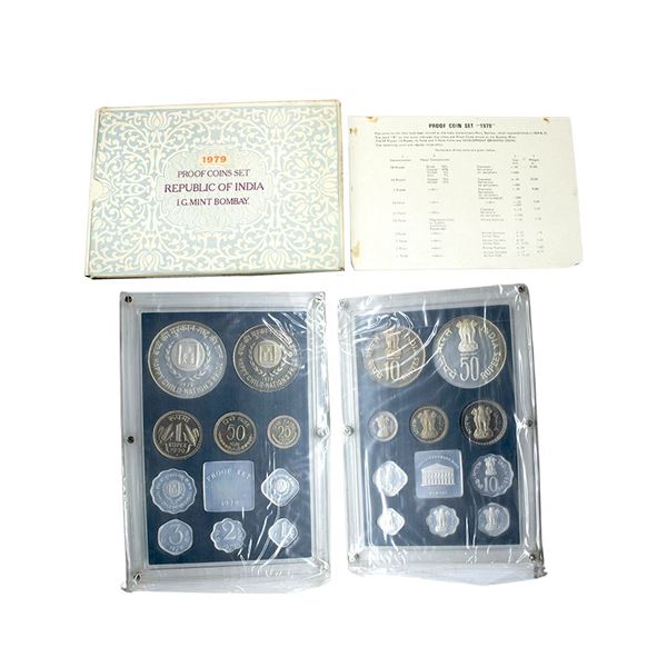 1979, Happy Child Nation's Pride, Proof set of 10 coins, 50 rupees, 10 rupees, 1 rupee, 50 paise, 25