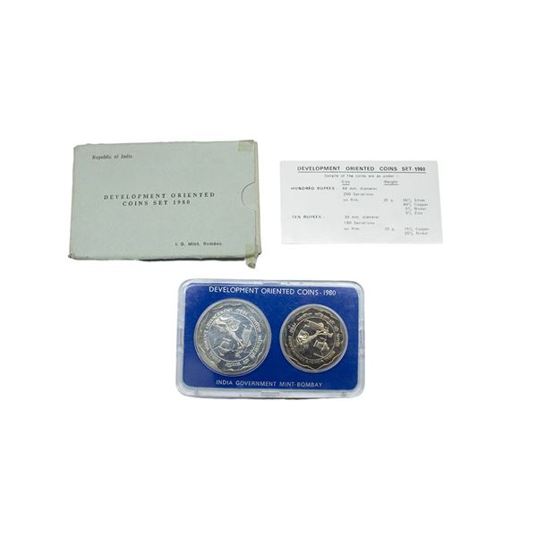 1980, Rural Women's Advancement, UNC set of 2 coins, 100 rupees and 10 rupees, Bombay mint, RB 80.