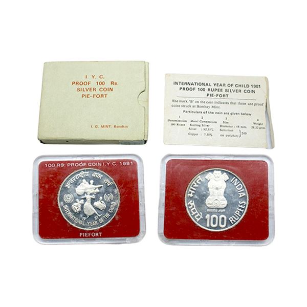 1981, Proof Set, PIE-FORT (Piedfort) Coin, International Year of the Child, Silver 100 Rupees, 58.32