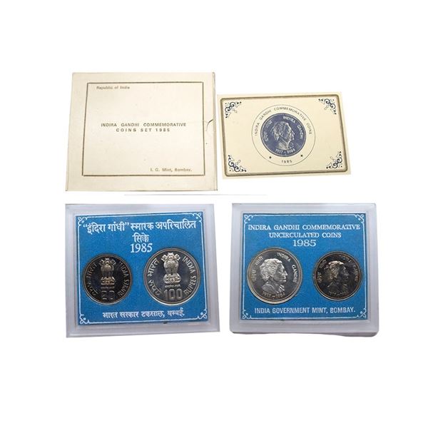 1985, Indira Gandhi, UNC set of 2 coins, 100 rupees and 20 rupees, Bombay mint, RB 113.