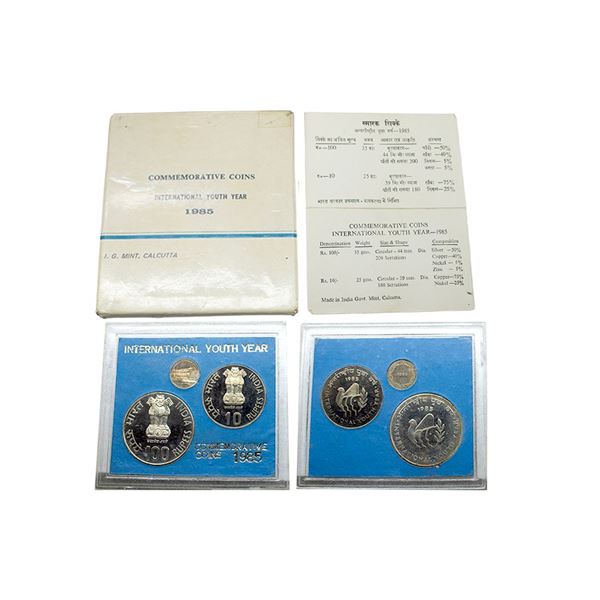 1985, International Youth Year, UNC set of 2 coins, 100 rupees and 10 rupees, Calcutta mint, RB 119.