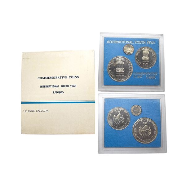 1985, International Youth Year, UNC set of 2 coins, 100 Rupees and 10 Rupees, with mint emblem, Calc