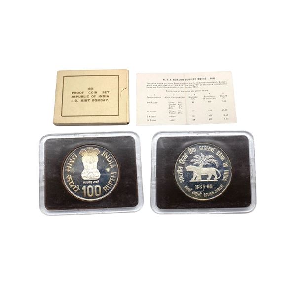 1985, Reserve Bank of India, Golden Jubilee, proof set of 1 Coin, 100 Rupees, Bombay mint, RB 105.