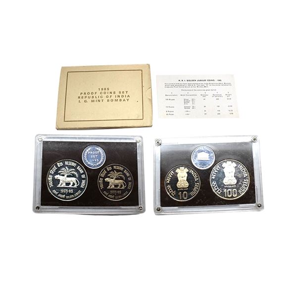 1985, Reserve Bank of India, Golden Jubilee, Proof set of 2 coins, 100 rupees and 10 rupees, Bombay