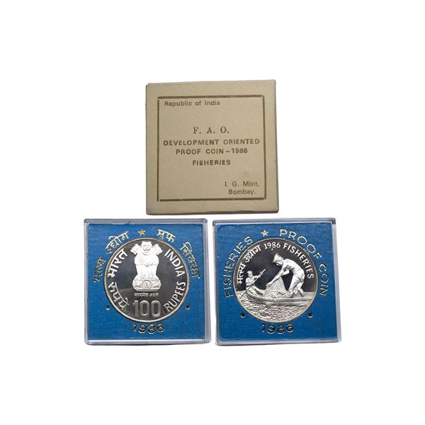 1986, Fisheries, Proof set of 1 Coin, 100 Rupees, Bombay Mint, RB 124.