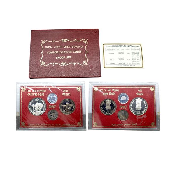 1987, Small Farmers, Proof set of 3 Coins, 100 Rupees, 20 Rupees and 1 Rupee, Bombay Mint, RB 128.