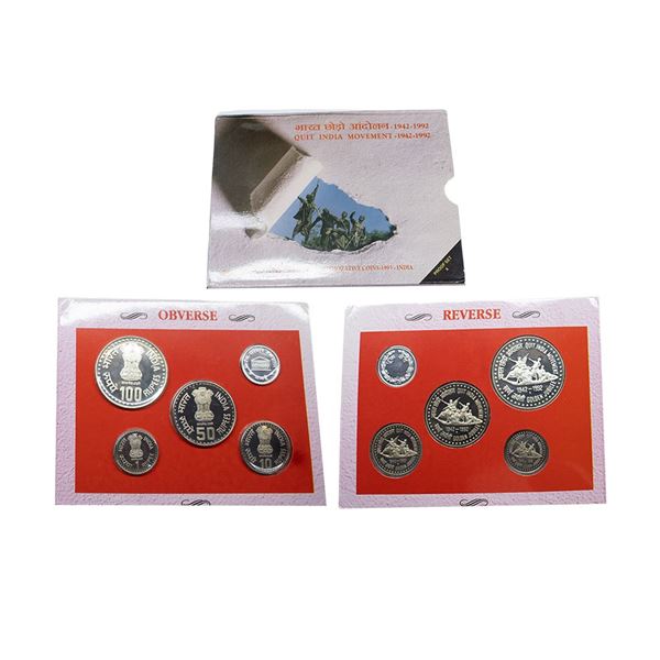 1992, Quit India Movement, Proof set of 4 coins, 100 rupees, 50 rupees, 10 rupees and 1 rupee, Bomba