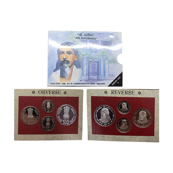 1998, Sri Aurobindo, Proof set of 4 coins, 100 Rupees, 50 Rupees, 10 Rupees and 2 Rupees, Mumbai Min