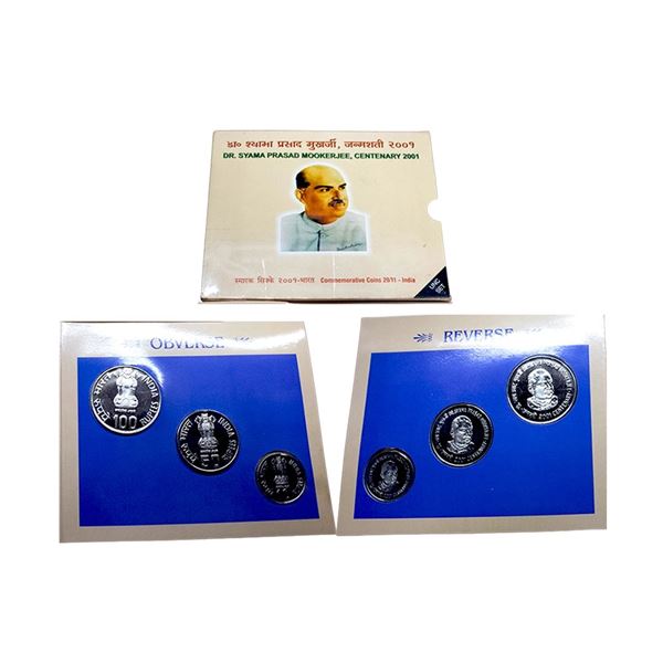 2001, Dr. Syama Prasad Mookerjee Centenary, UNC Set of 3 coins, 100 Rupees, 50 Rupees and 10 Rupees,