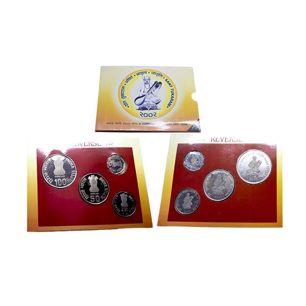 2002, Sant Tukaram, proof set of 4 coins, 100 rupees, 50 rupees, 10 rupees and 2 rupees, Kolkata min