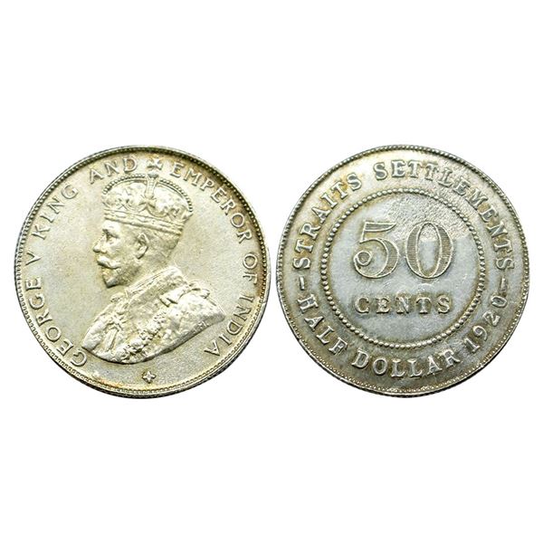 British Colonial, Straits Settlement, George V, 1920 AD, Silver 50 Cents, KM #35.