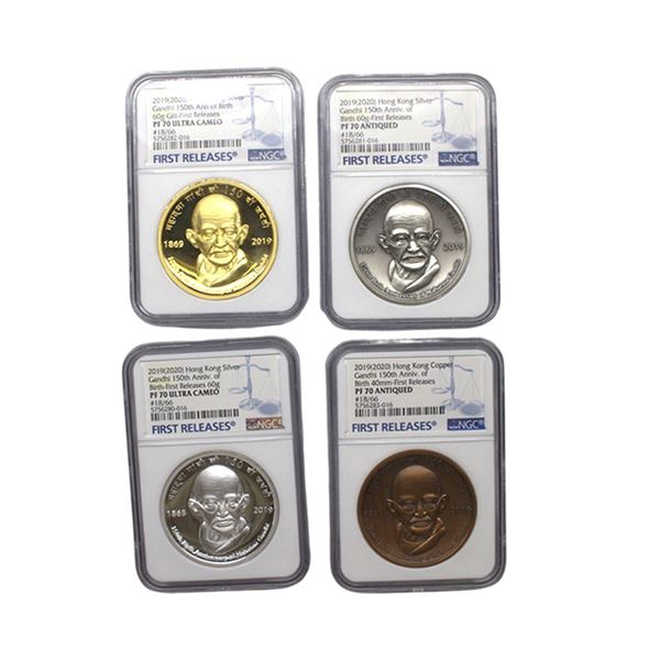Hong Kong, Gandhi 150th Anniversary of Birth, First Release, 60g Gilt-First Release, Proof, Set of G