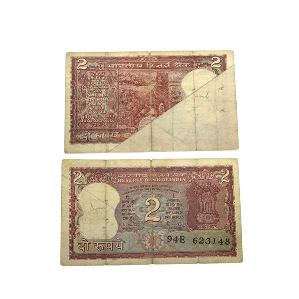 2 Rupees, Tiger Issue, Printing Error, Half Paper White, Serial No. 94E 623148, Signed by R. N. Malh
