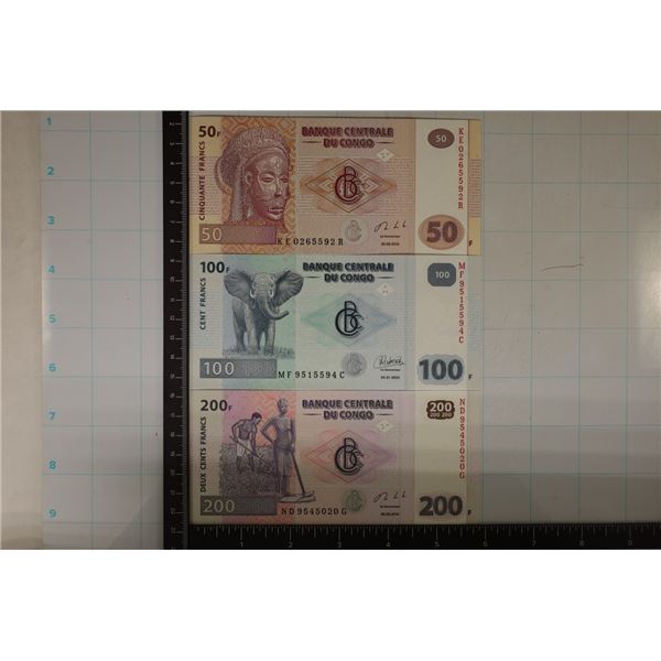 3-CONGO CRISP UNC BILLS: 50, 100 & 200 FRANCS