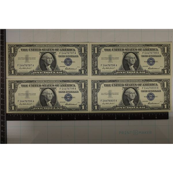 4-CRISP UNC 1957 US SILVER CERTS, WITH CONSECUTIVE