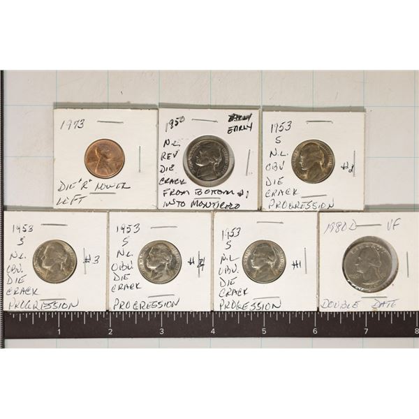 6 US ERROR COINS: 1973 LINCOLN CENT, 1950 JEFFY