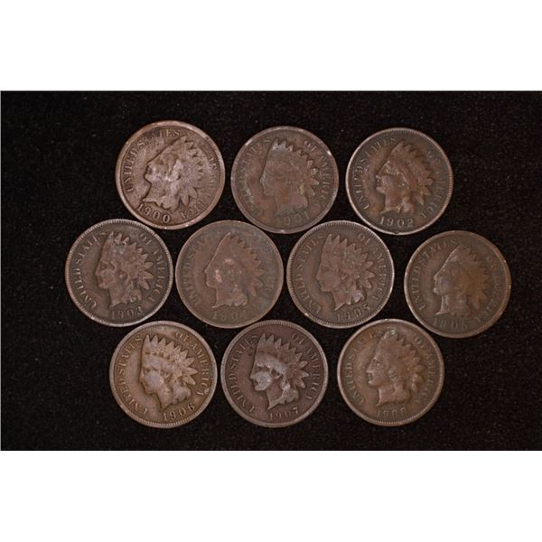 10 INDIAN HEAD CENTS: 1900, 01, 02, 03, 04, 2-05,