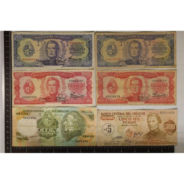 6-URUGUAY BILLS: 2-50 PESOS, 3-100 PESO & 1-