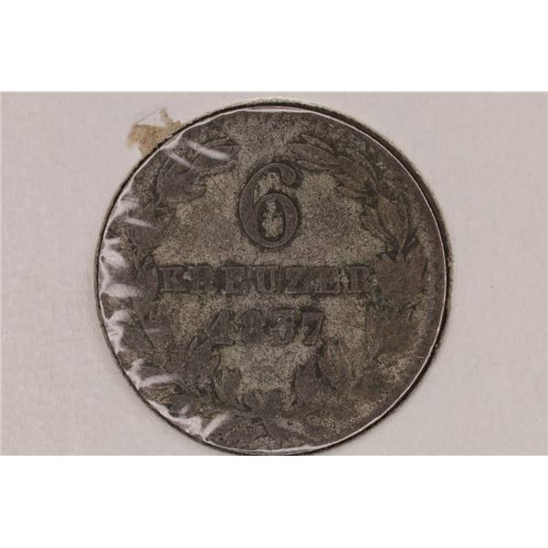 1837 GERMAN STATES NASSAU SILVER 6 KREUZER