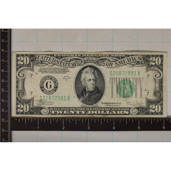 1934-C US $20 FRN GREEN SEAL BILL WITH STAPLE