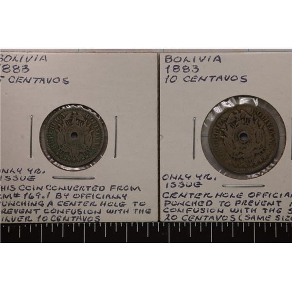 1883 BOLIVIA 5 & 10 CENTAVOS, EACH WITH HOLE TO